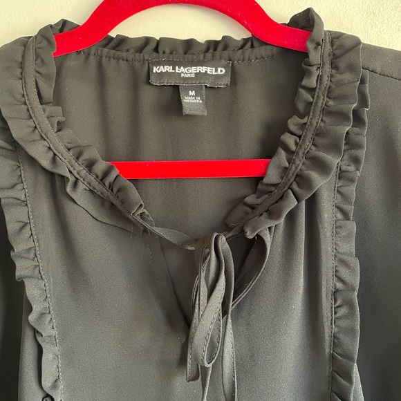 Karl Lagerfeld Paris Black Ruffle Trim Blouse - Picture 3 of 5